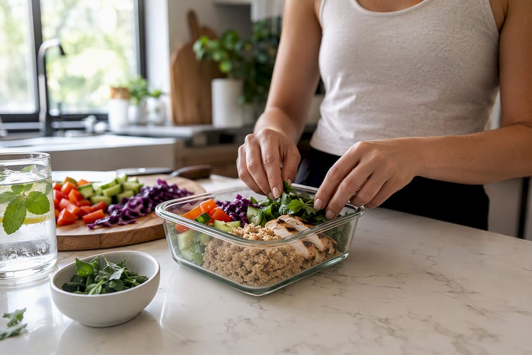 Hands assembling personalized healthy meal