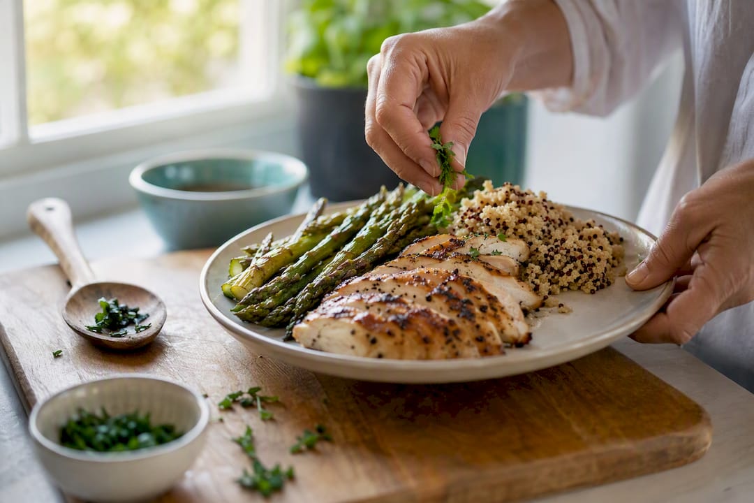Hands preparing protein-rich meal with vegetables