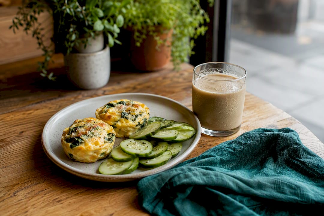 Assorted protein snacks with egg, edamame, and protein shake