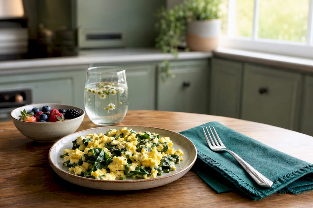 Protein-focused breakfast plate with eggs and berries