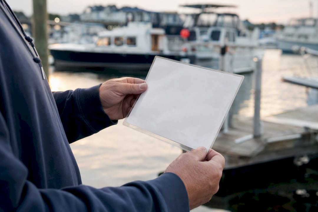 Hands holding RIDEM boating certificate on dock
