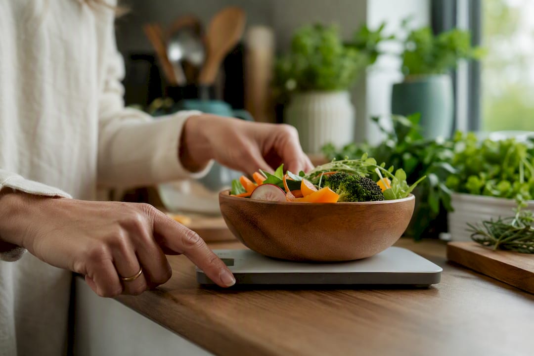 Hands weighing vegetables on food scale
