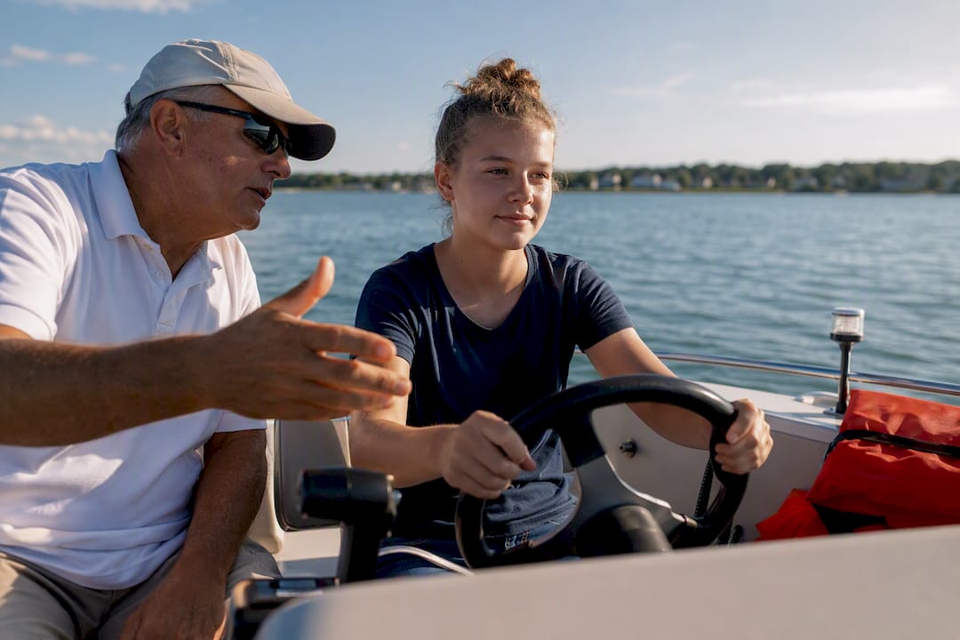 Instructor coaching novice boater on open water