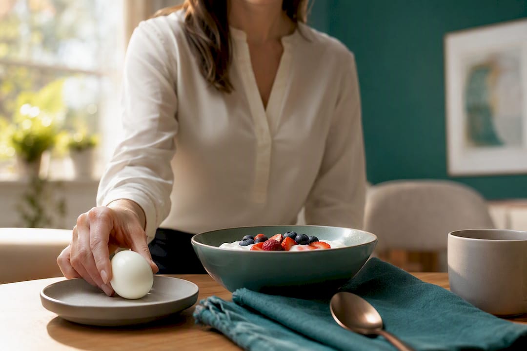 Protein-first breakfast at a bright dining table