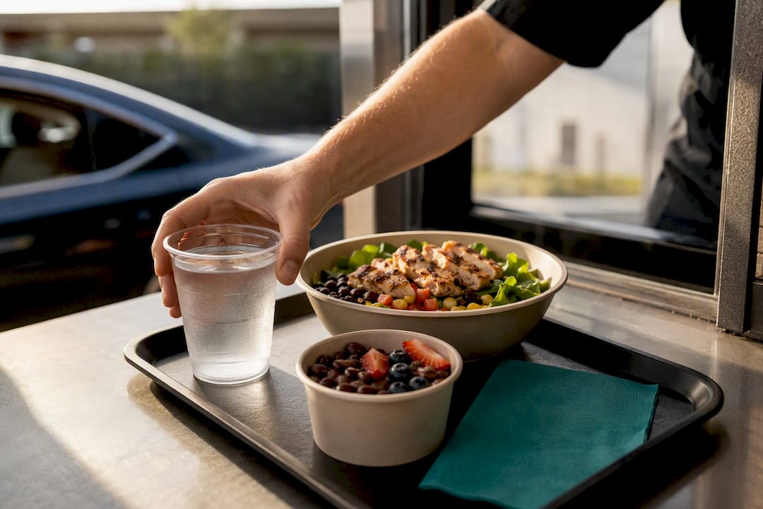 Balanced fast-food meal with water