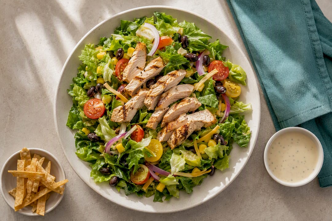 Grilled chicken salad with dressing aside