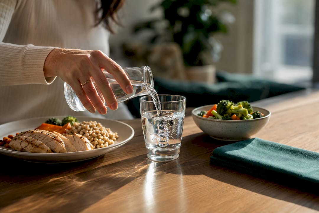 Pouring water beside a balanced meal