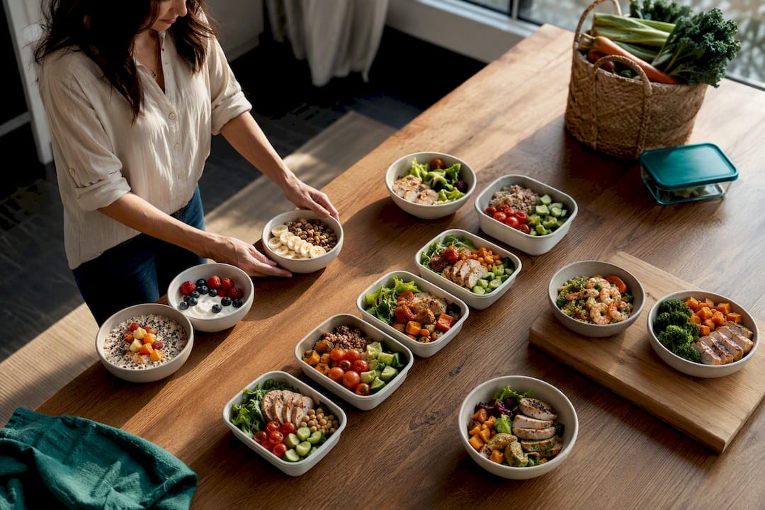 Hands arranging a weekly healthy meal plan