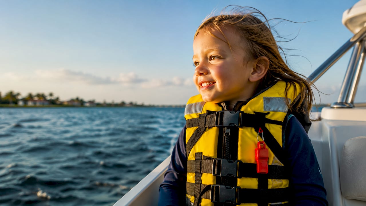 Child wearing PFD aboard Florida boat