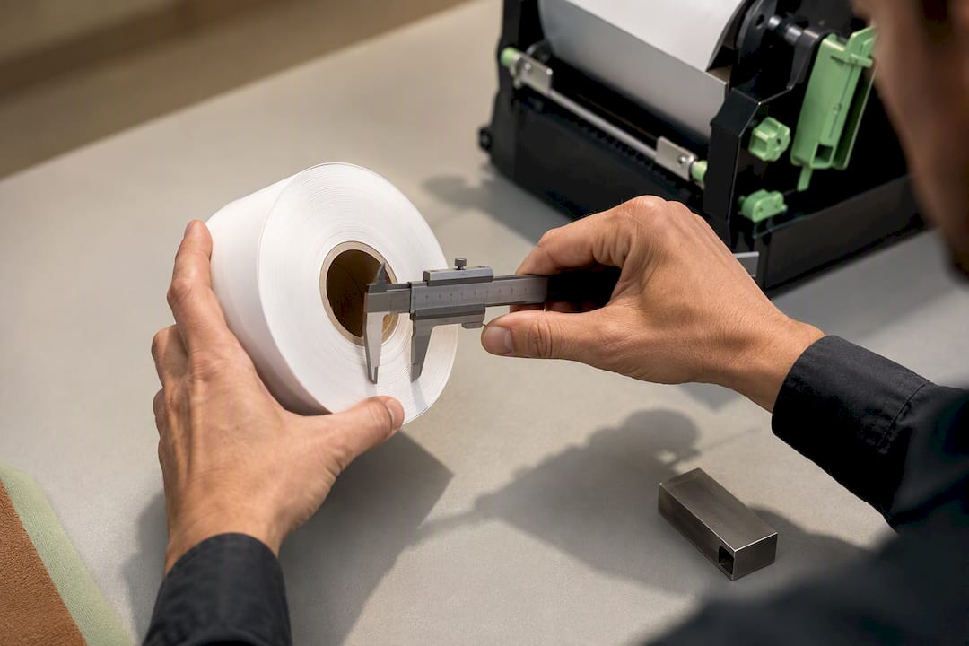 Technician measuring anonymous ticket roll core