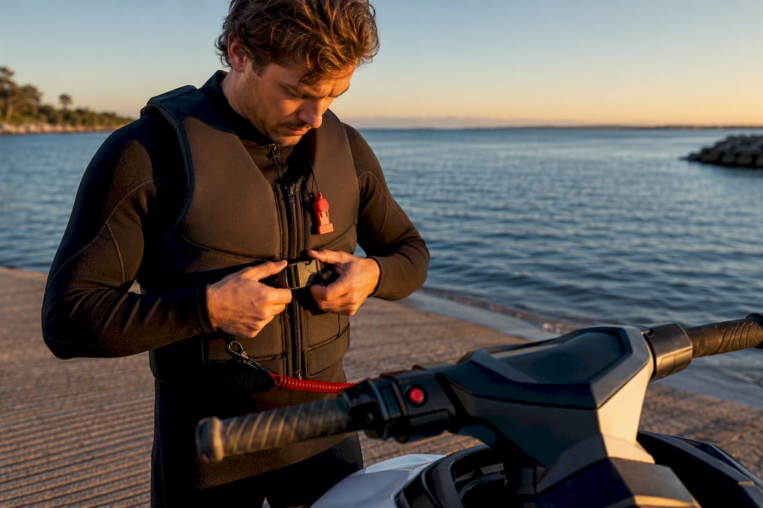 PWC rider checking safety gear before launch