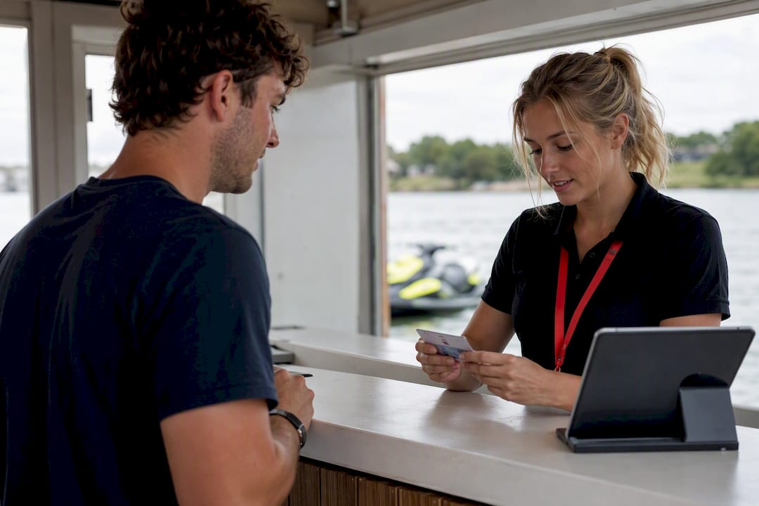 Rental attendant checking boater identification