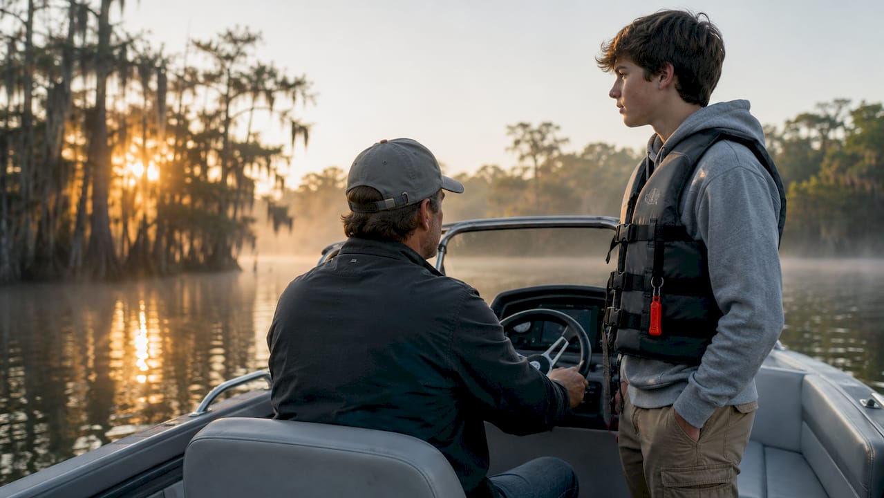 Boaters on a Louisiana bayou at dawn