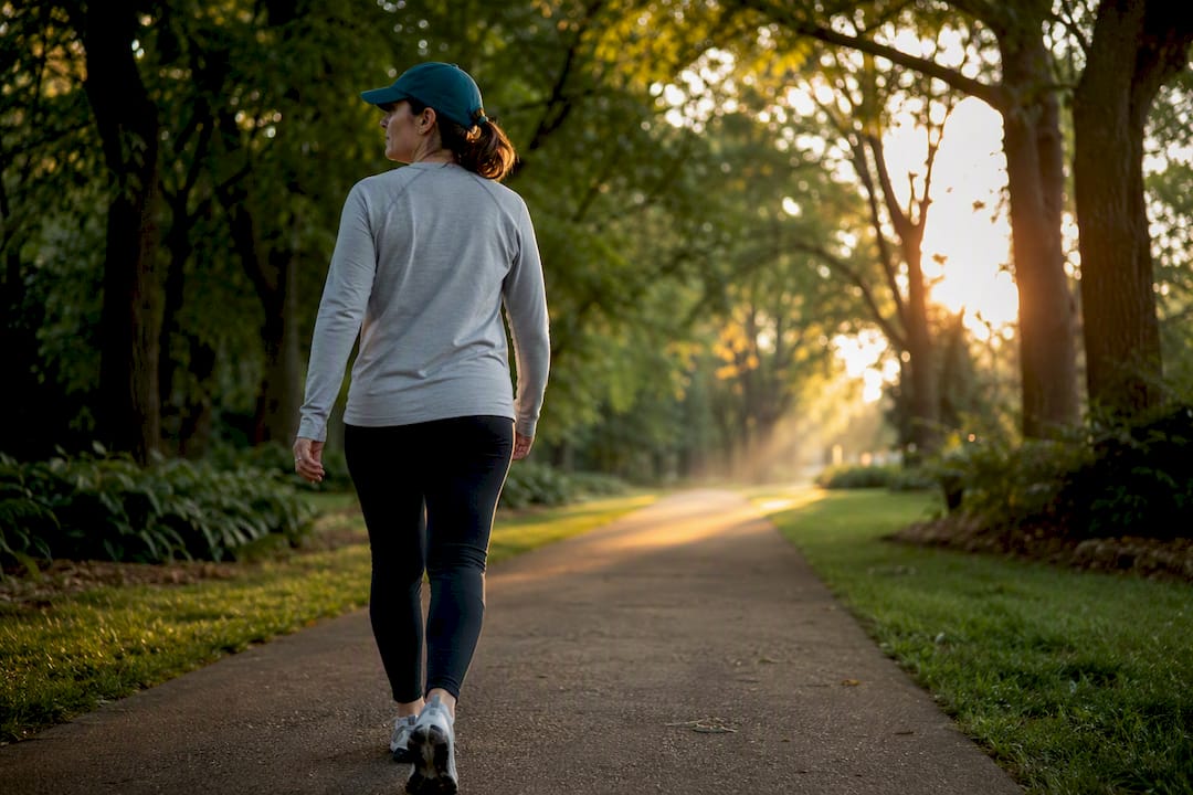 Adult walking consistently on a tree-lined path