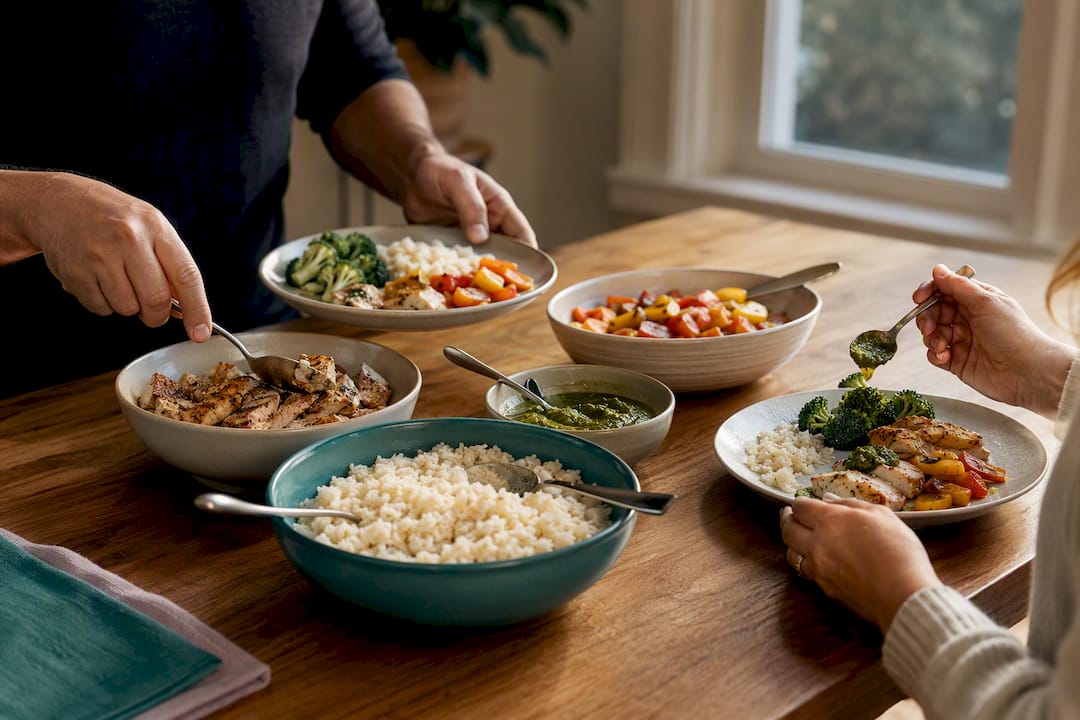 Family assembling plates from separate meal components