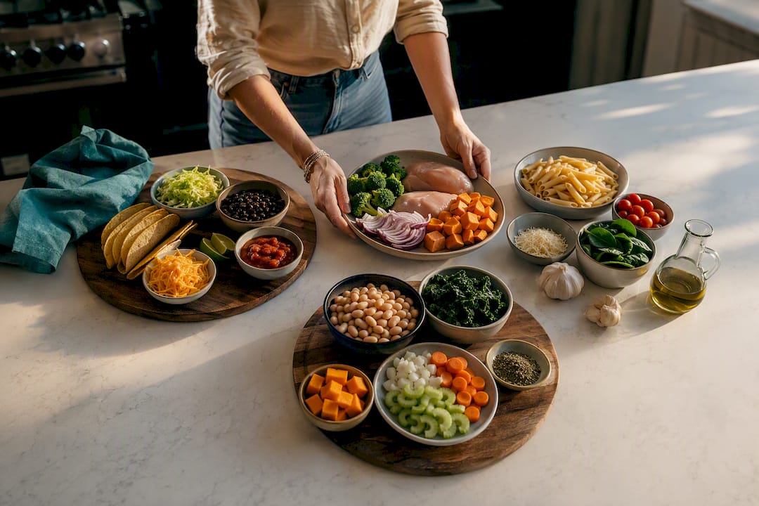 Dinner ingredients grouped for monthly meal planning