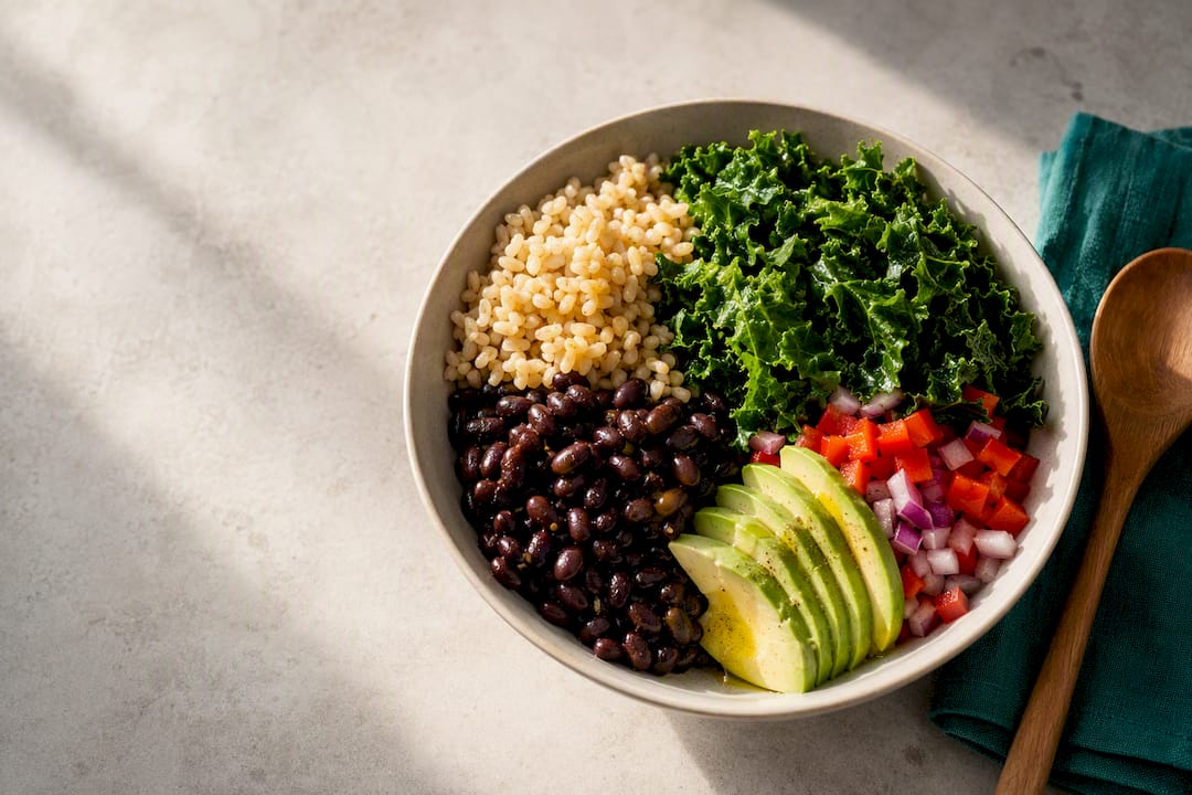 Balanced bowl with protein and fiber foods