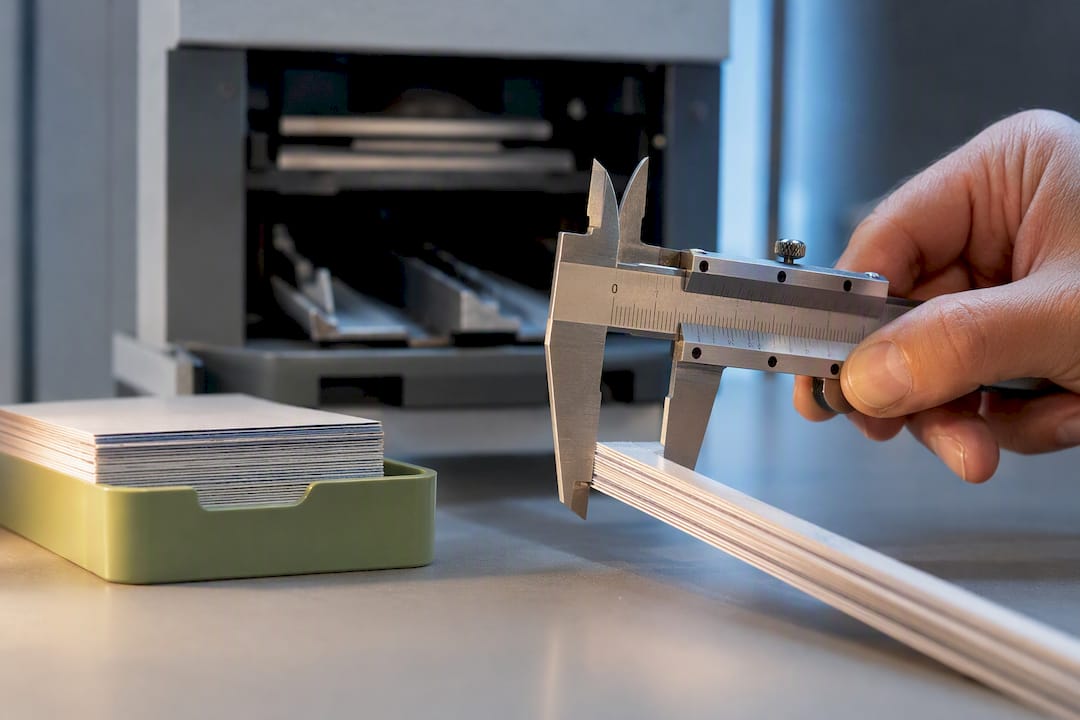 Caliper measuring layered ticket media samples
