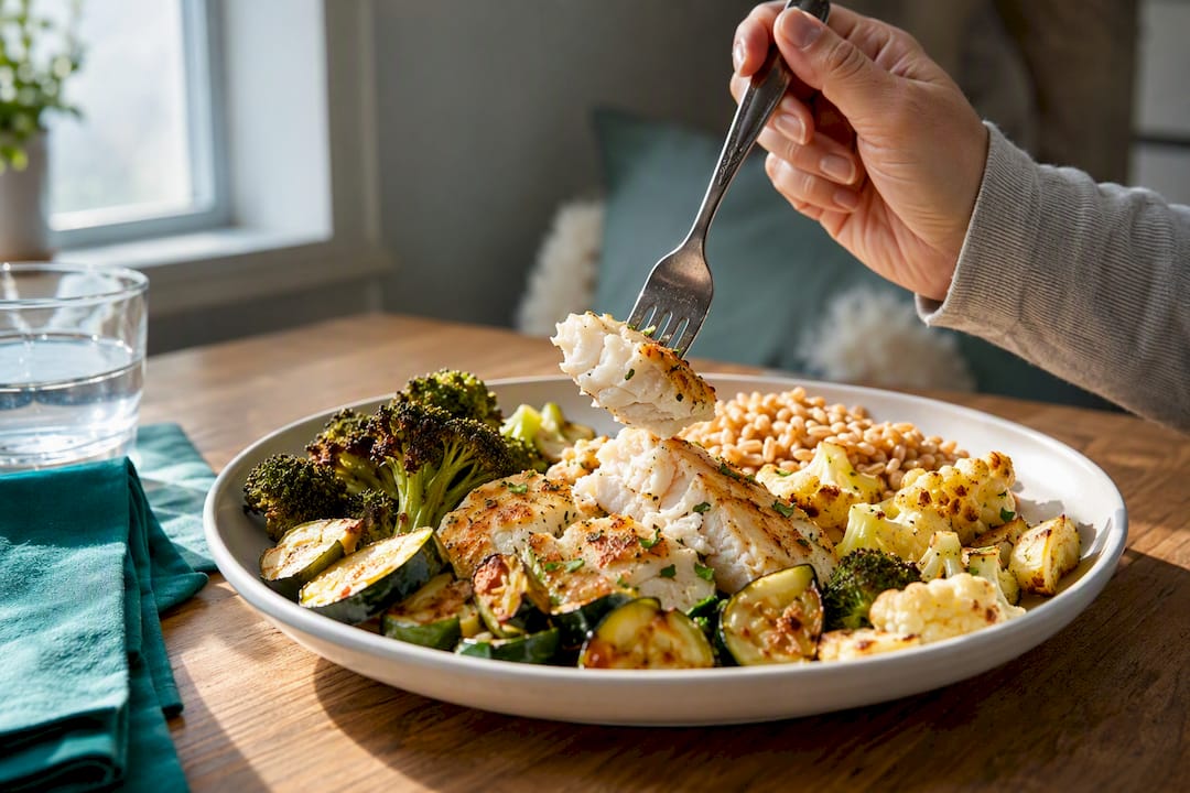 Cod and vegetables on a generous balanced plate
