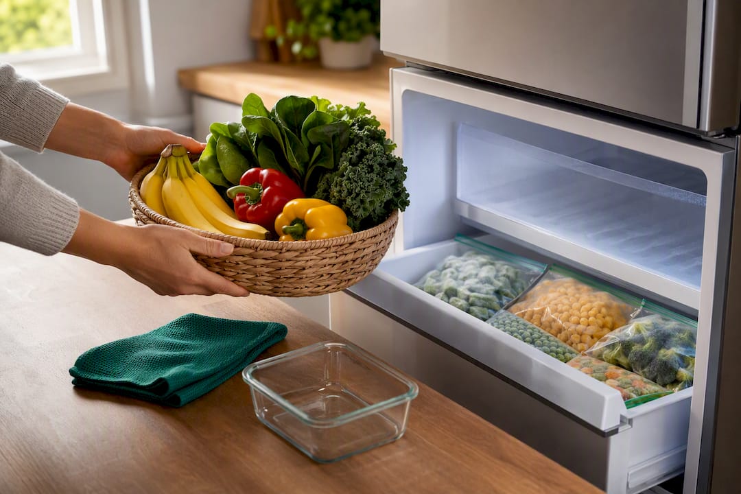 Fresh produce beside organized frozen vegetables