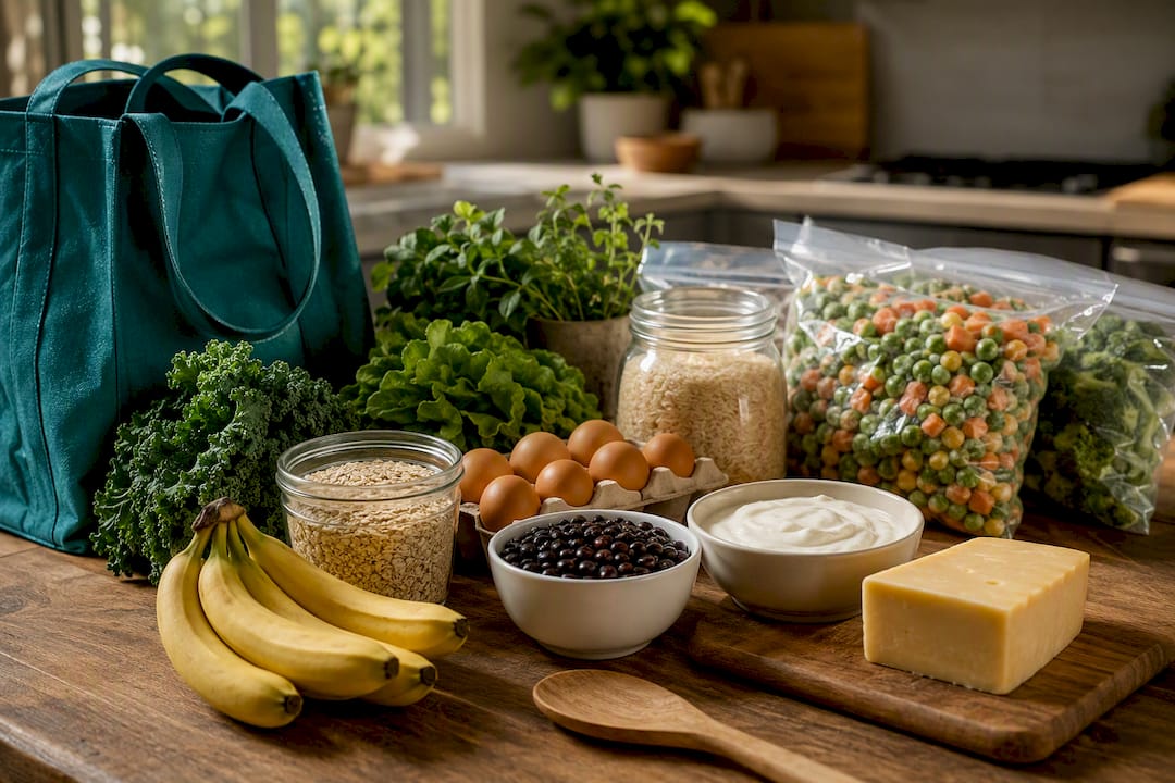 Affordable healthy groceries arranged for meal planning