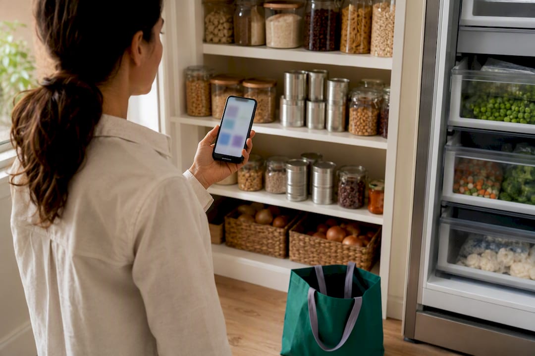Phone photographing an organized pantry inventory