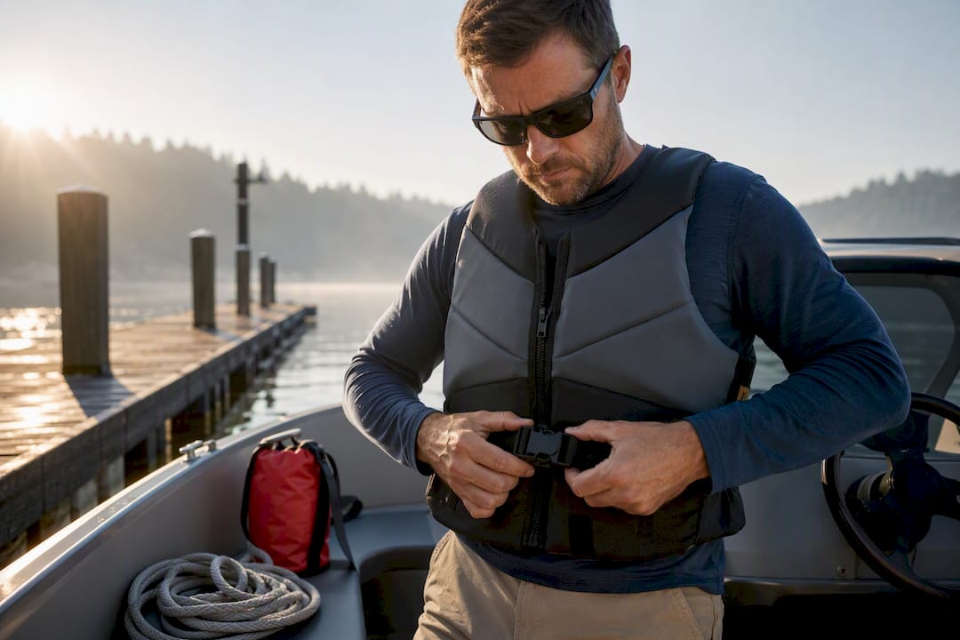 Boater preparing safety gear at rental dock