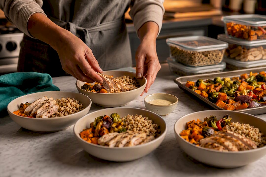 Cooked meal components arranged for batch cooking