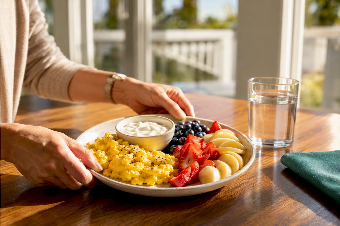 Protein-forward breakfast arranged on ceramic plate