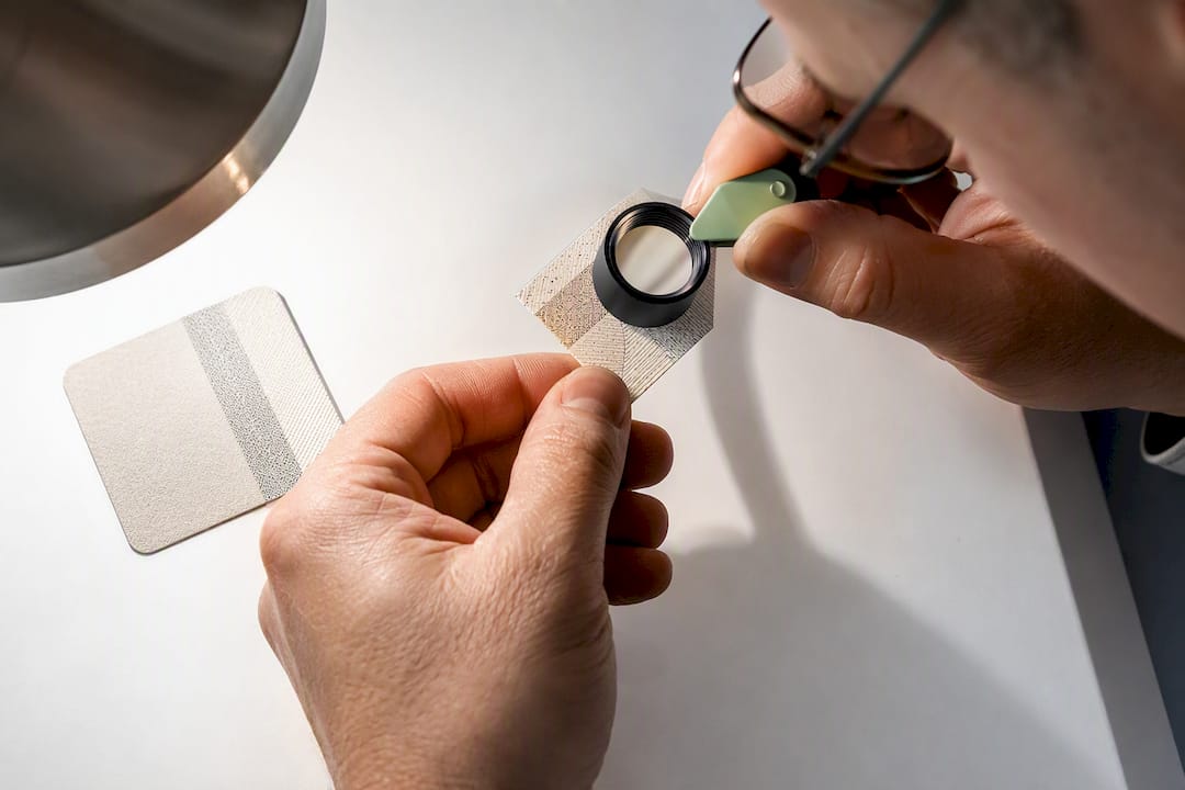 Reviewer inspecting microtext on ticket sample