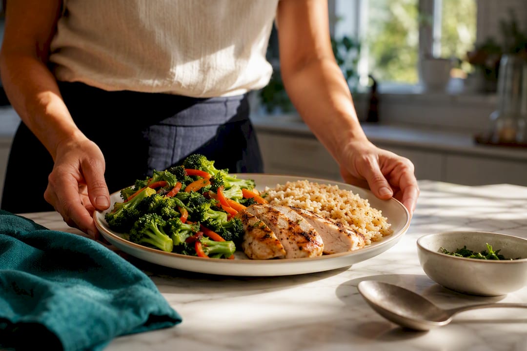 Hands building a balanced plate by proportions