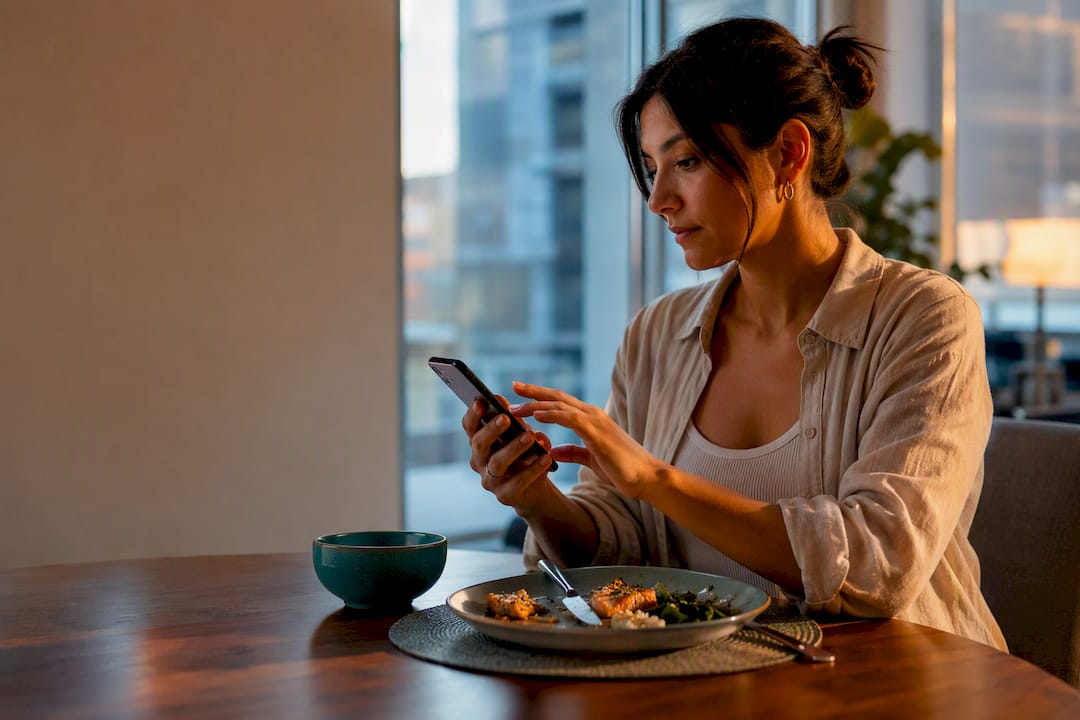 Person logging a meal beside a plate