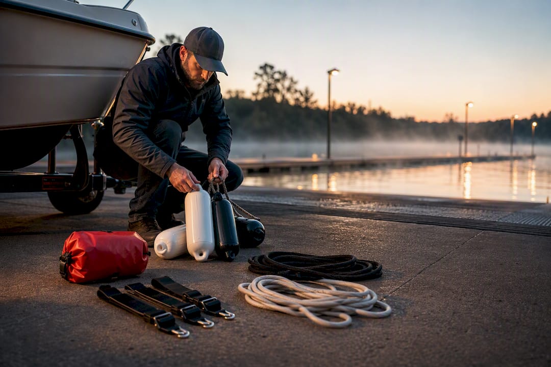 Boat owner preparing lines at launch ramp