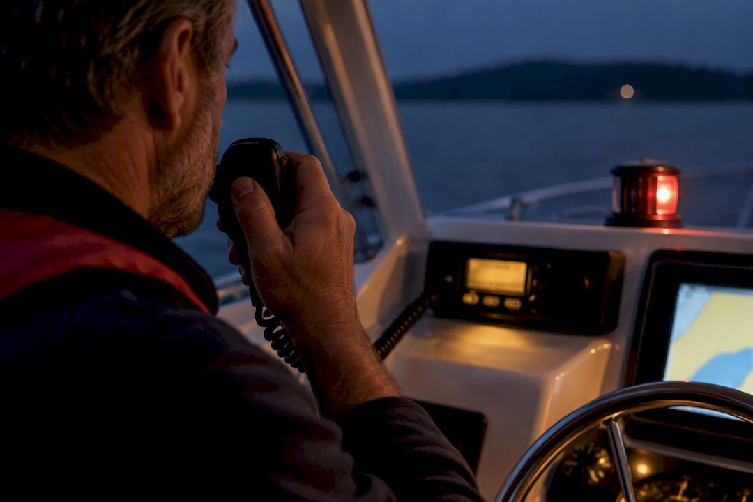 Boater making an emergency VHF radio call