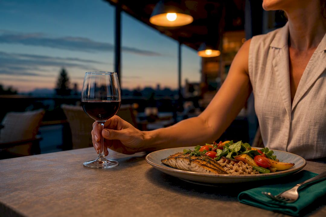 Measured wine pour beside balanced dinner