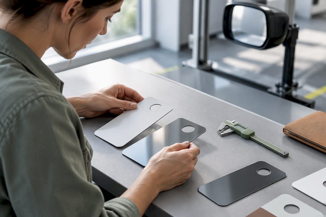 Cropped parking hang tag edges on measurement bench