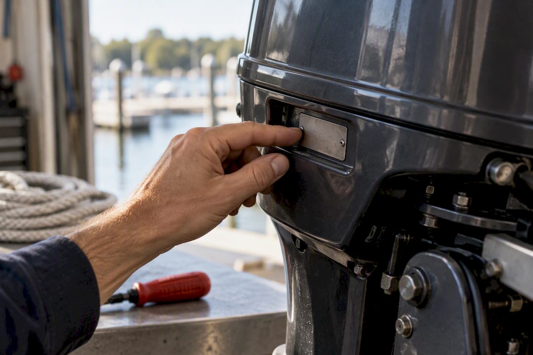 Hand checking an outboard motor rating plate