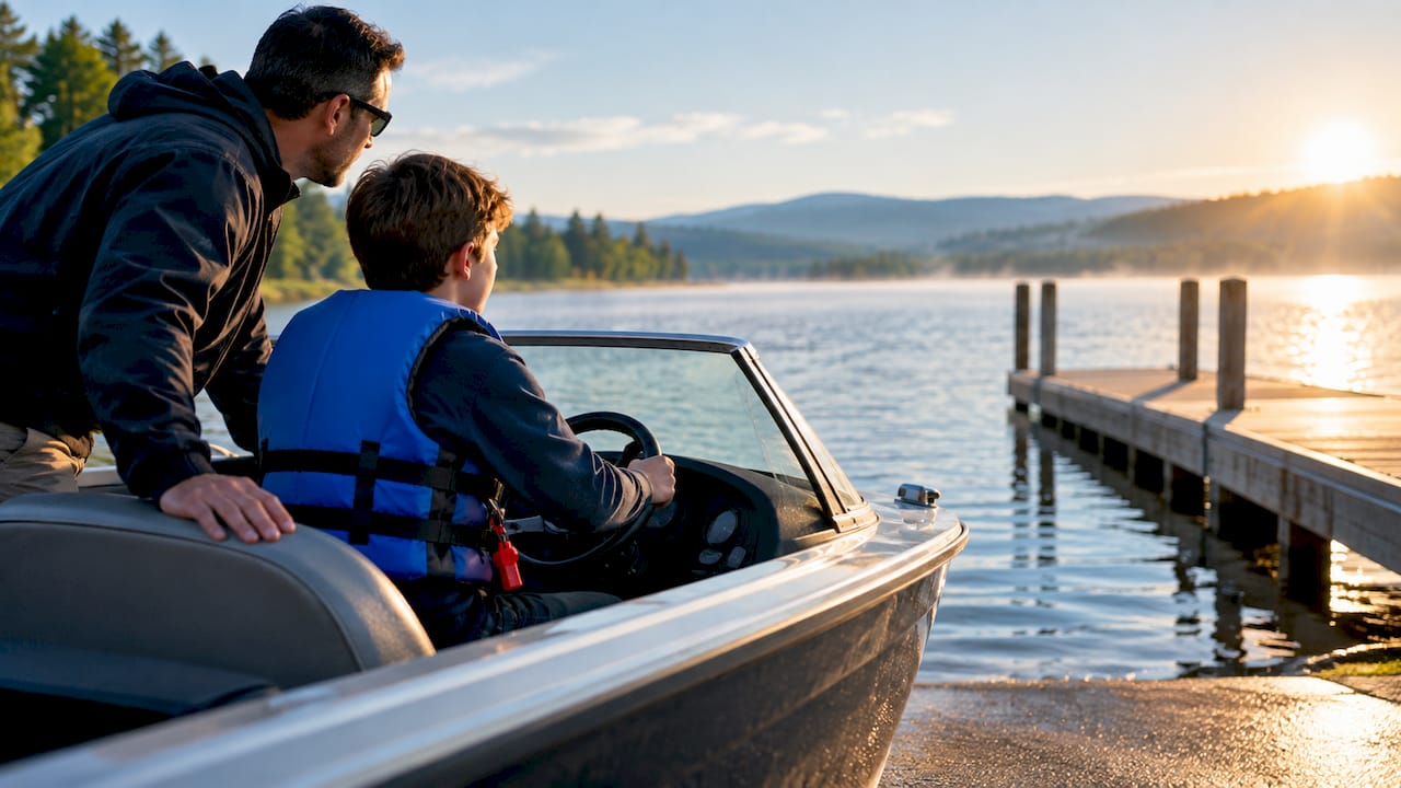 Adult supervising young boater at Vermont lake