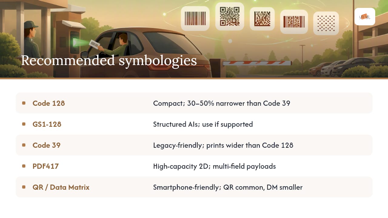 Recommended Symbologies for Parking Ticketing and Access Control — overview diagram