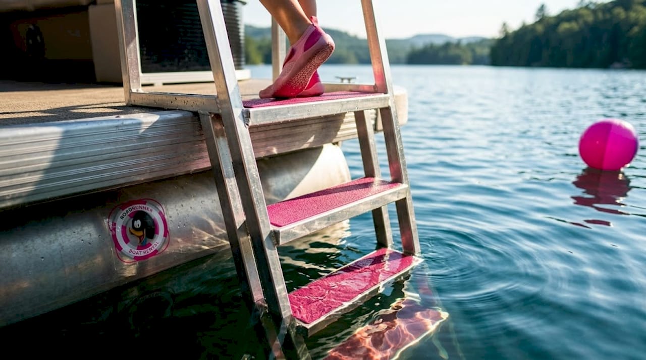 Pontoon ladder steps extend below water