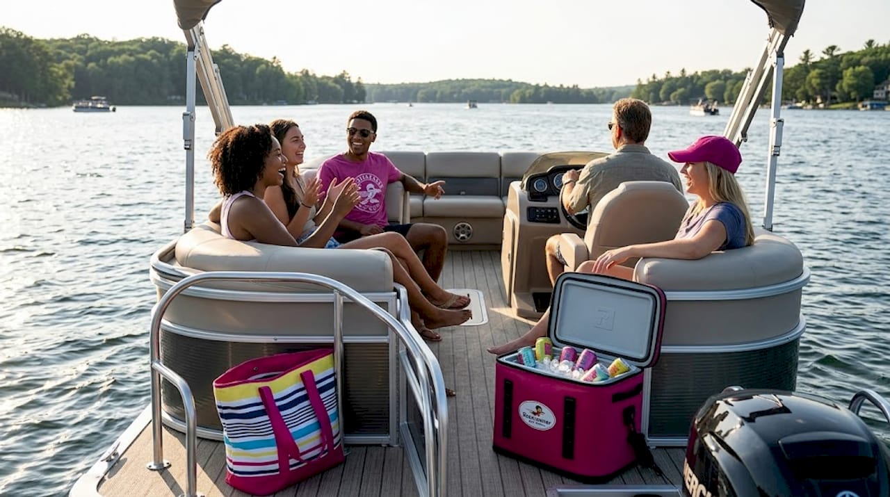 Friends relaxing on pontoon lake trip