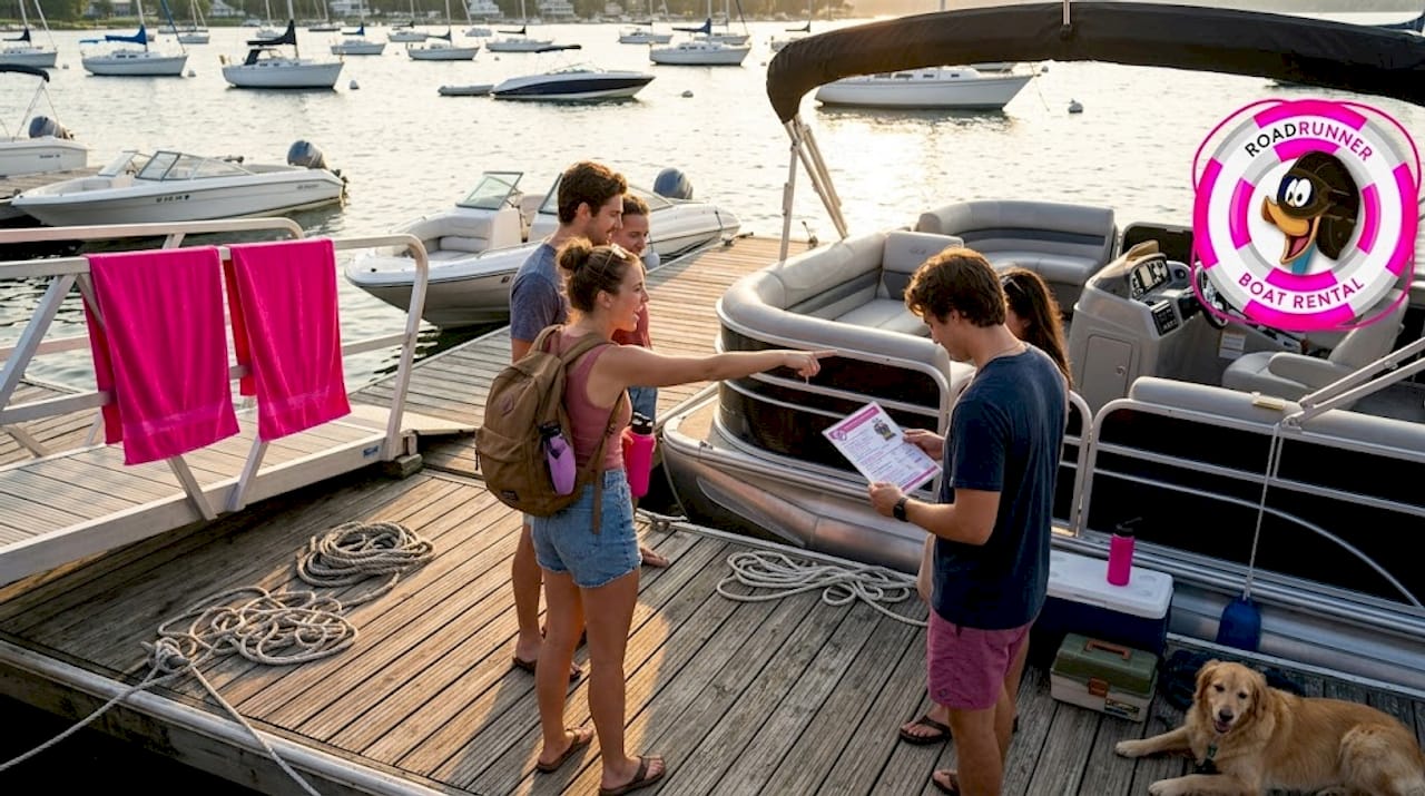Friends comparing boats on marina dock
