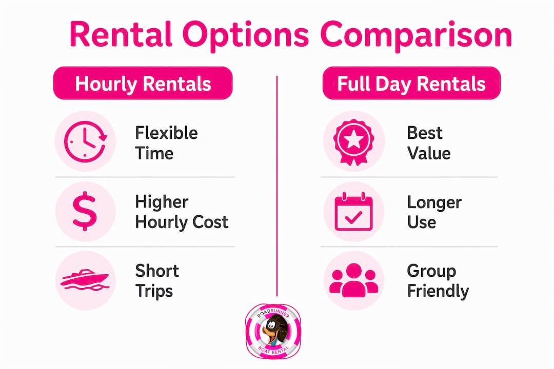 Infographic comparing hourly and full day boat rentals