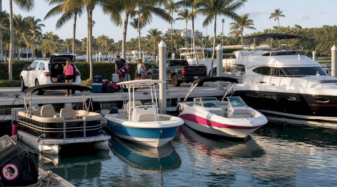 Overhead view of varied boat types docked in marina