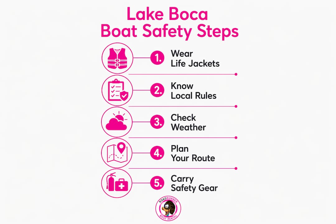Infographic illustrating five key steps for Lake Boca boating safety