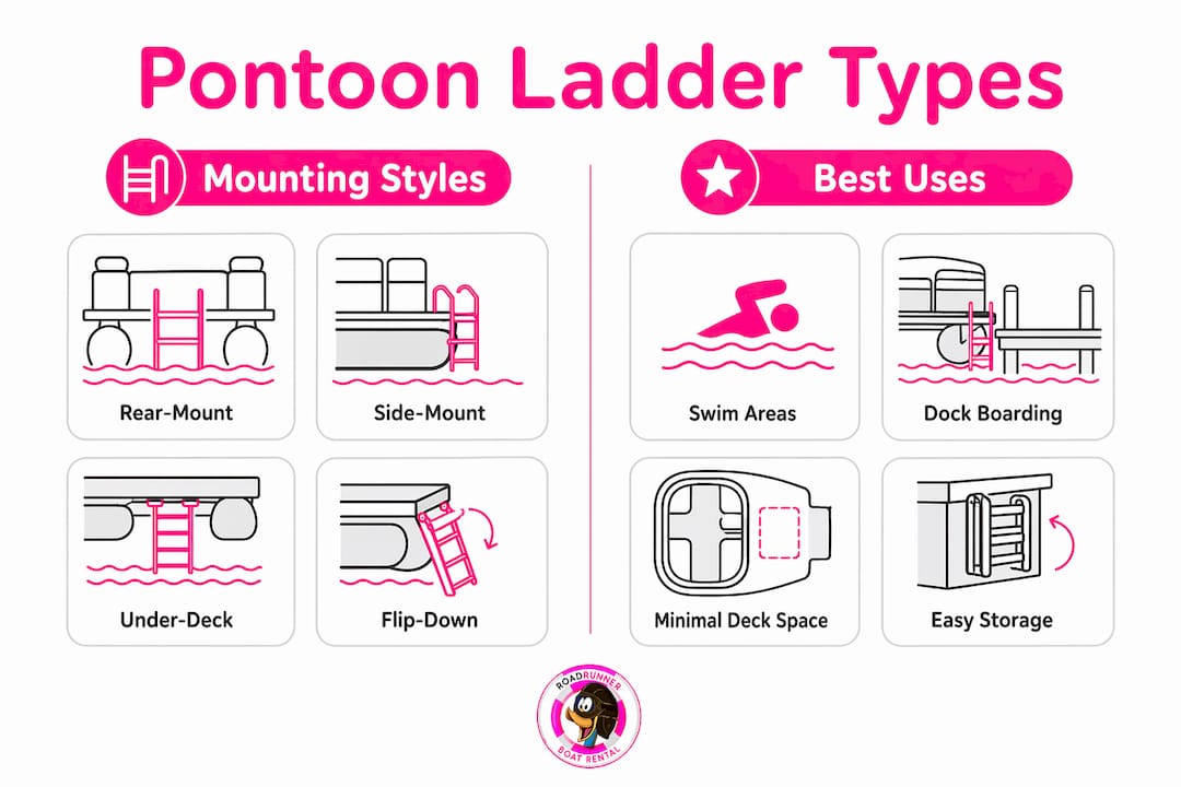 Infographic comparing pontoon swim ladder types and uses