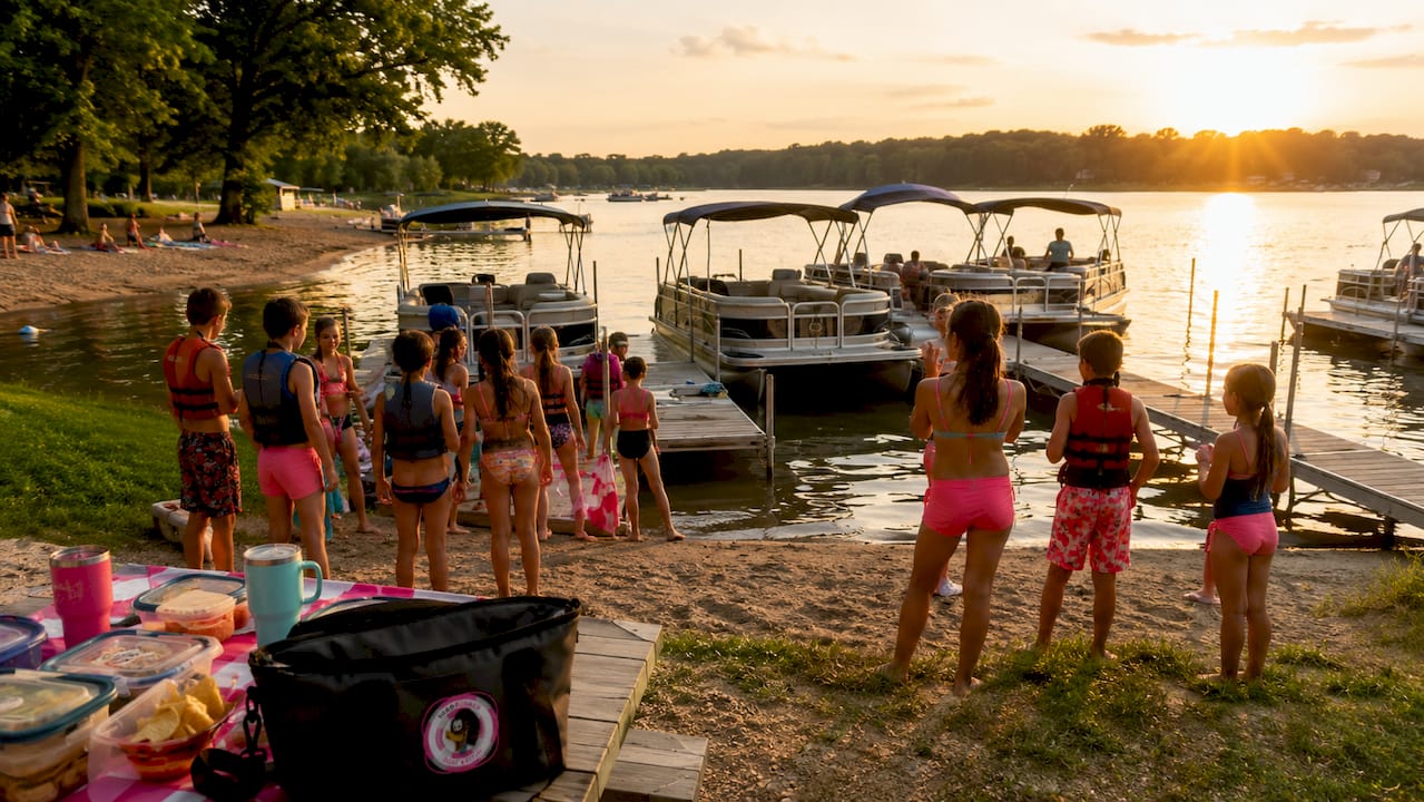 Busy marina with pontoon boats in peak season