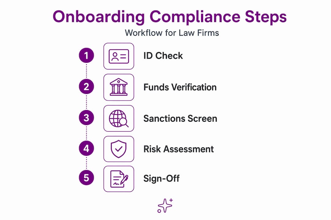 Five-step onboarding compliance workflow infographic for law firms