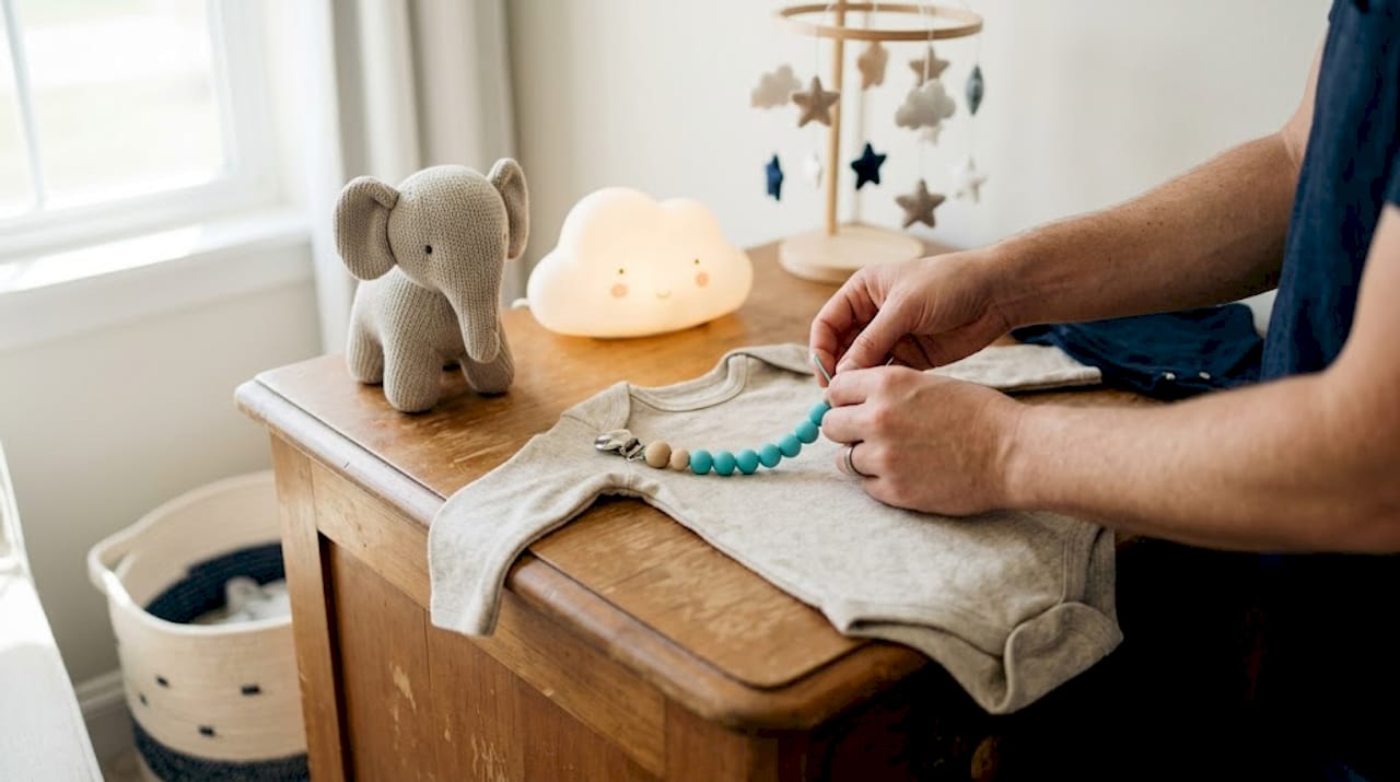 Hands fastening teether clip to outfit on changing table