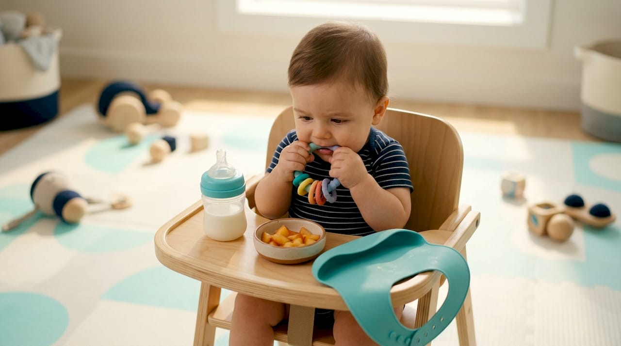 Baby chewing teething ring in comfy kitchen